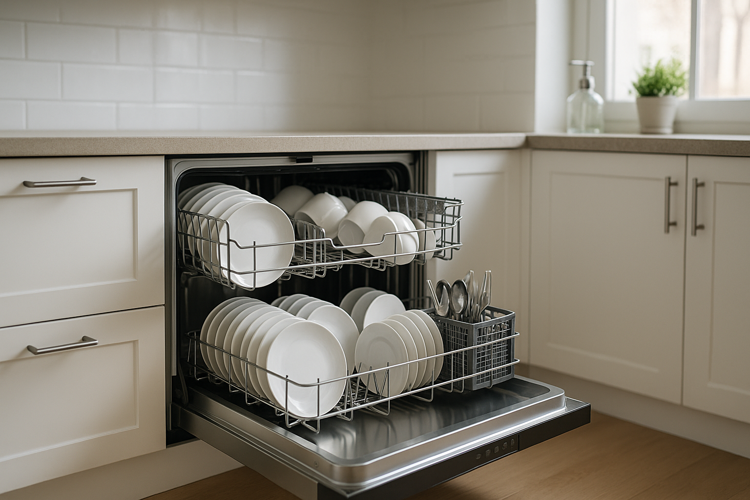 "A realistic high-resolution photo of a modern smart dishwasher in a stylish bright kitchen. The dishwasher door is slightly open, showing clean shiny dishes inside. Natural lighting, professional product photography style, no artificial or digital illustration look. The scene emphasizes convenience, cleanliness, and modern lifestyle."