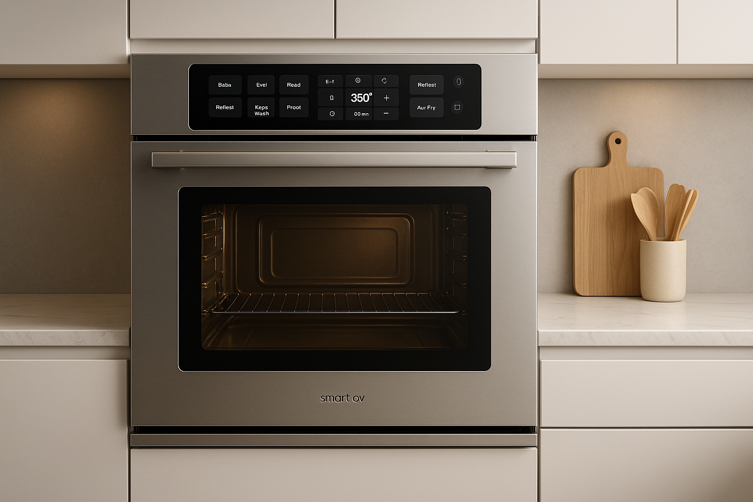 "A sleek modern smart oven in a bright, stylish kitchen. The oven has a digital display glowing, showing advanced smart cooking features. The scene emphasizes convenience, precision, and modern lifestyle. Clean design, high-quality product photo style, perfect for advertising."