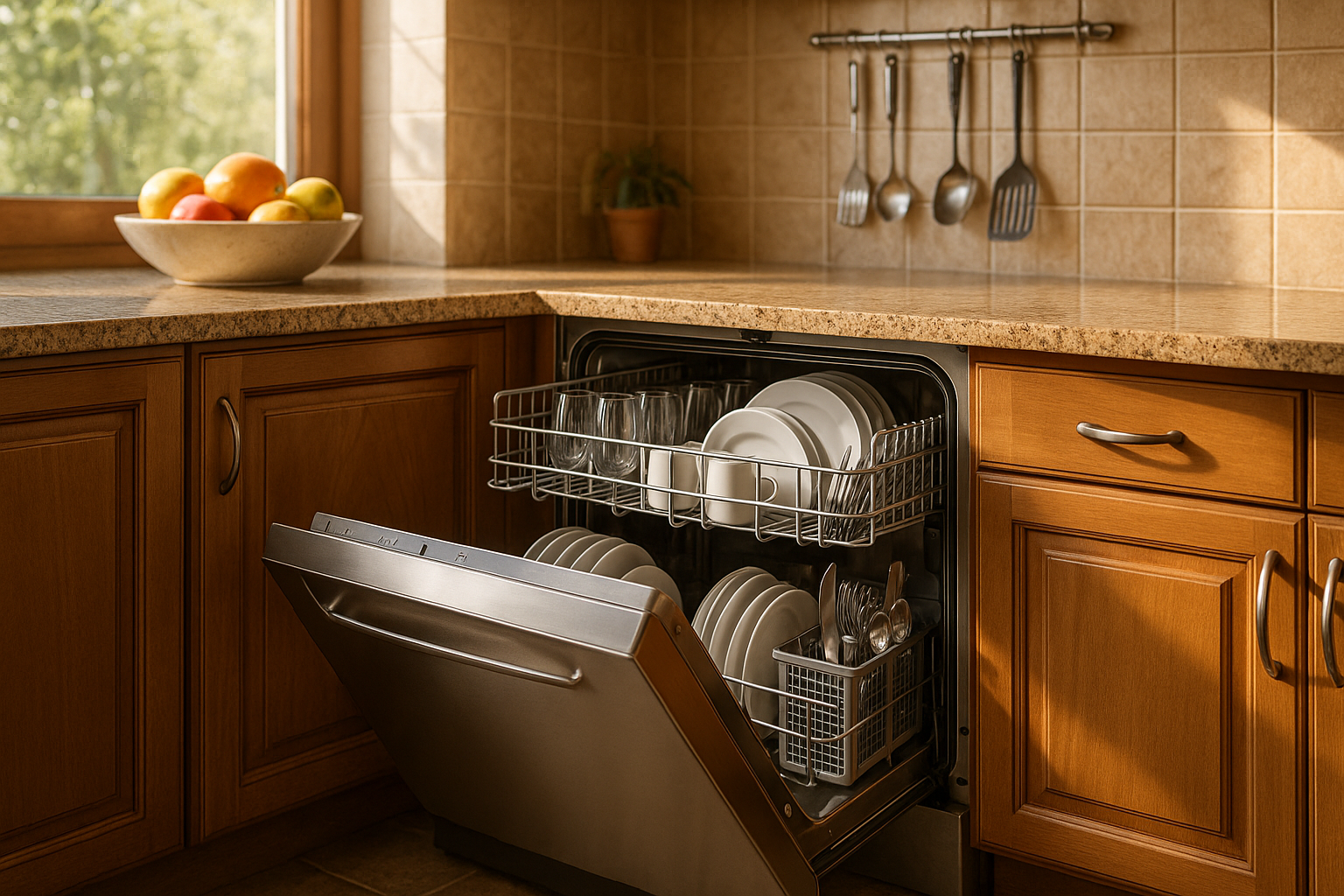 “Generate a realistic image of a modern dishwasher in a natural kitchen setting. Show the dishwasher with the door slightly open or loaded with dishes, subtle reflections on its surface, and typical kitchen elements like countertops, cabinets, and utensils nearby. Make it look natural, functional, and inviting.”