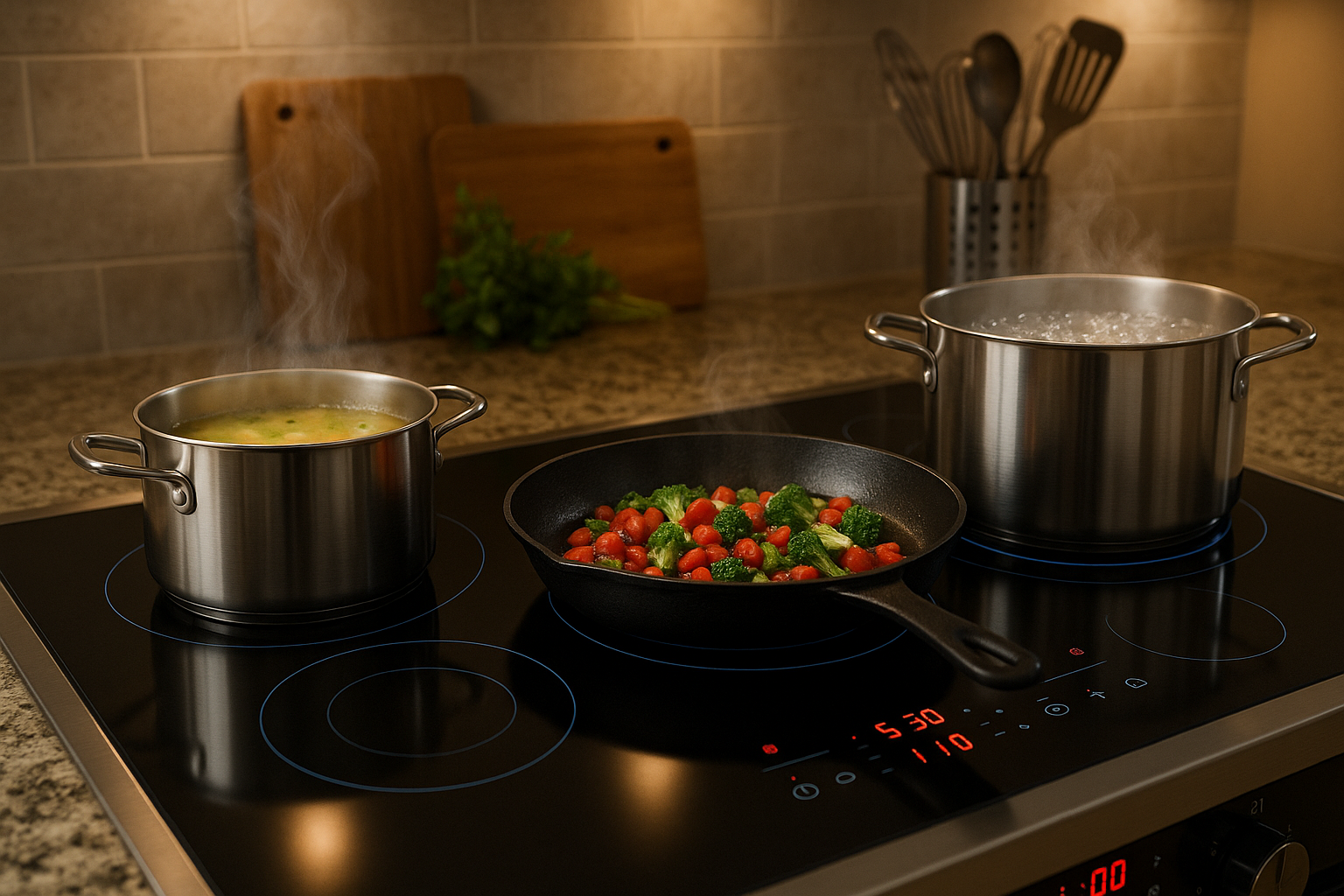 “Generate a realistic image of a modern kitchen hob in use. Show a gas, electric, or induction hob with pots or pans cooking food on it. Include visible burners or heating elements, subtle steam or bubbling to indicate cooking, and a natural kitchen background with countertops and utensils. Make it look realistic and inviting.”