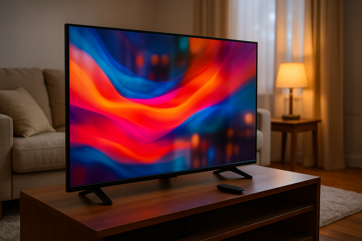“Generate a realistic image of a modern TV in a natural home setting. Show a high-resolution screen displaying content, with a living room or bedroom background, subtle reflections on the screen, and typical elements like a TV stand, remote control, or sofa nearby. Make it look natural, realistic, and inviting.”