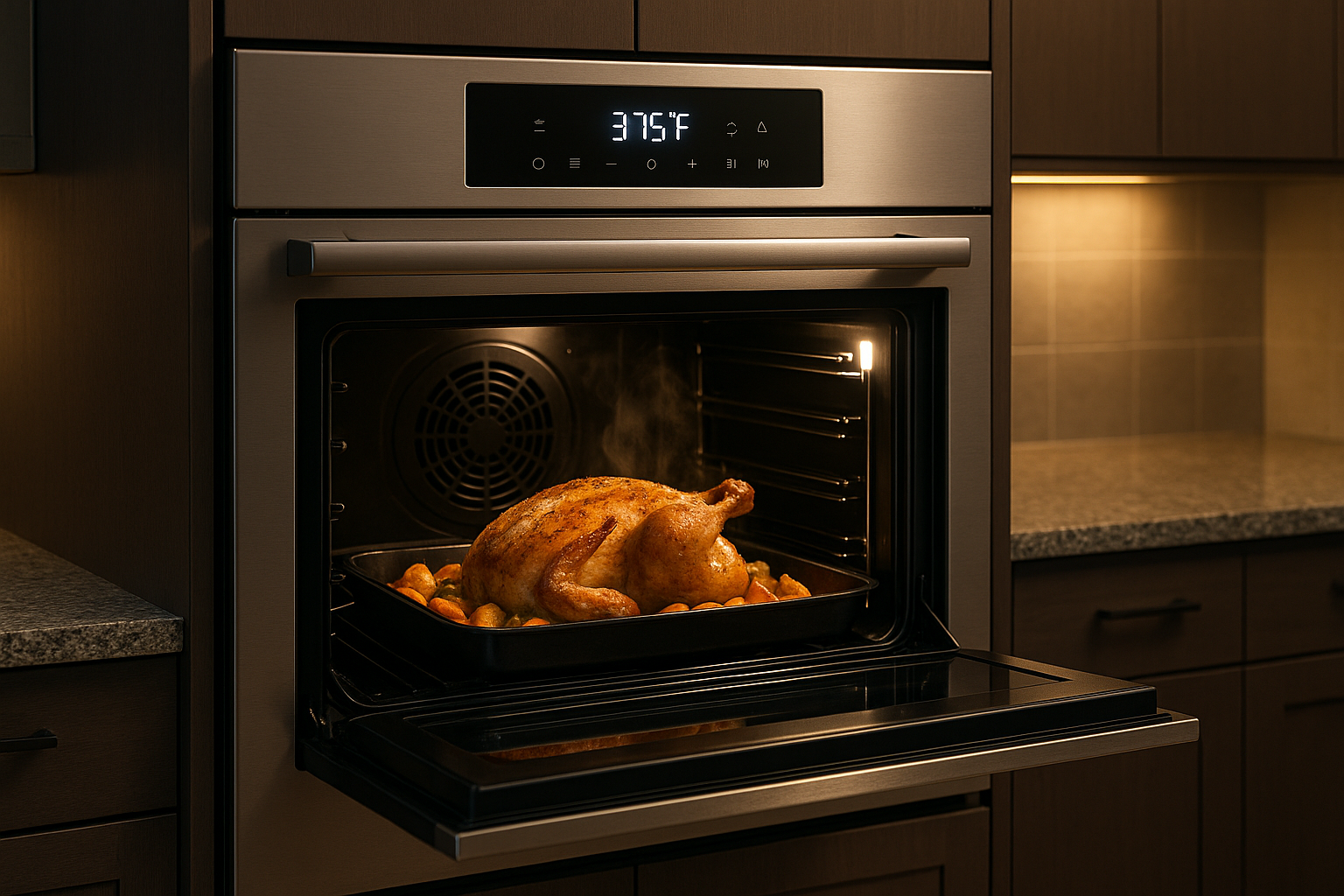 “Generate an image that visually represents an oven as a modern kitchen appliance, showing it cooking or baking food with precise temperature control. Include details like a conventional or convection oven, and make it look realistic and appealing for a kitchen setting.”