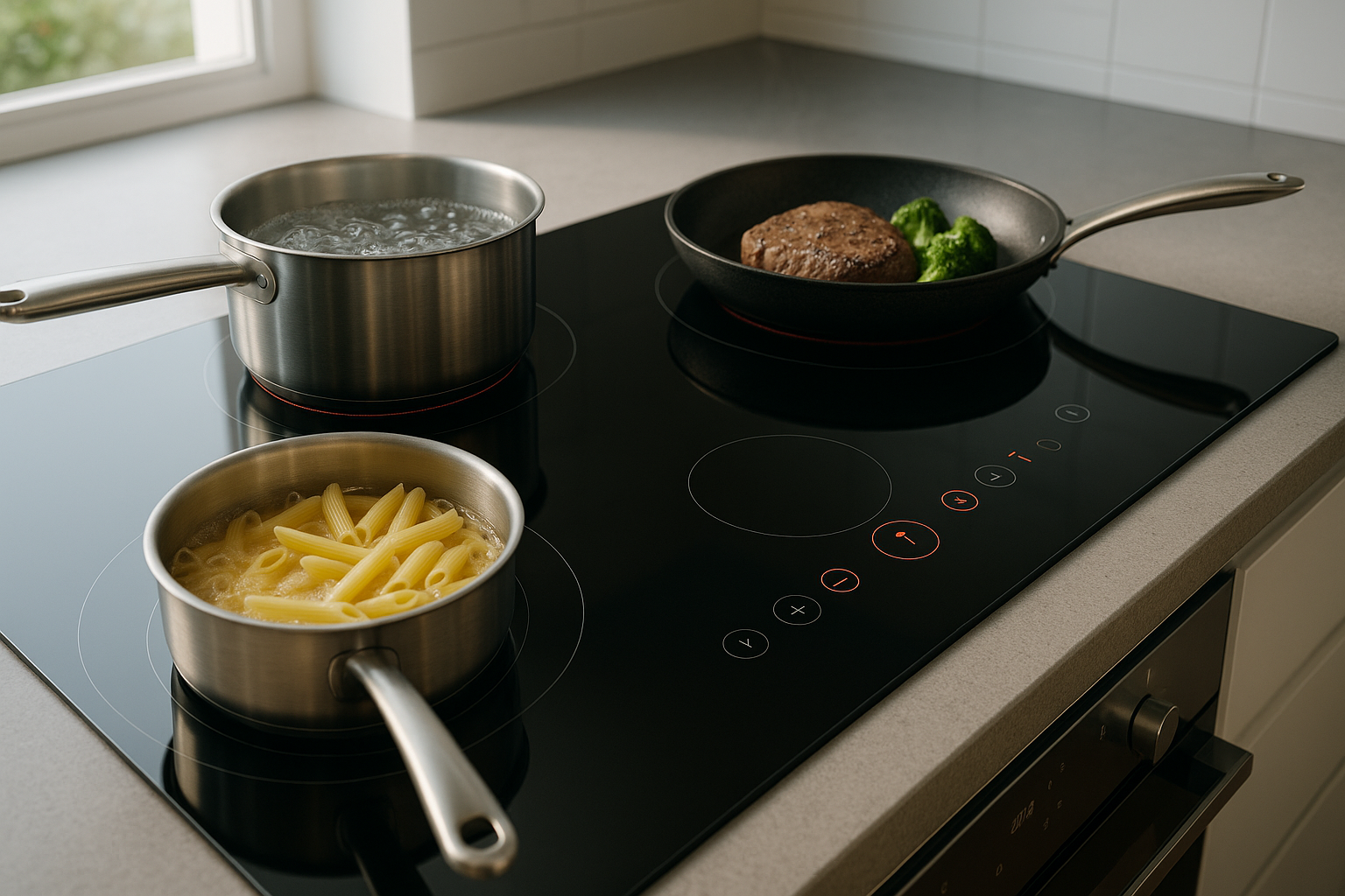 "High-resolution realistic photo of a modern smart kitchen hob on a sleek countertop. The hob has natural-looking glowing touch controls, with pots and pans in use to show precision heat. The kitchen looks bright, clean, and stylish, captured in natural lighting with photo-realistic detail. Professional product photography style, no artificial or digital illustration look."