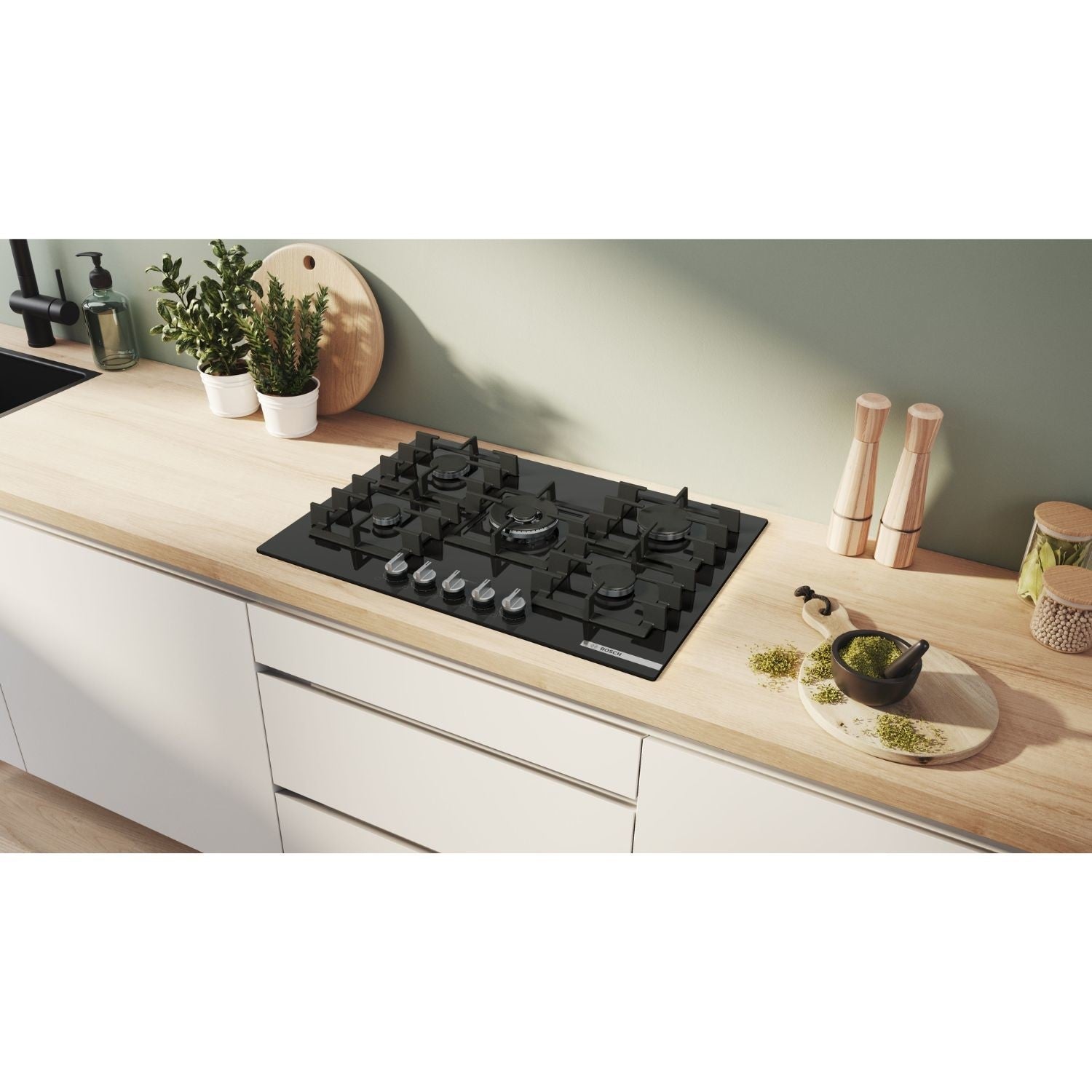Bosch Series 6 75cm 5 Burner Gas Hob - Black Glass