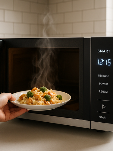 "A realistic high-resolution photo of a modern smart microwave in a bright stylish kitchen. The microwave has a sleek digital display and touch controls, with a hot steaming plate of food being taken out to show convenience. Natural lighting, professional product photography style, ultra-realistic look, no artificial or digital illustration."